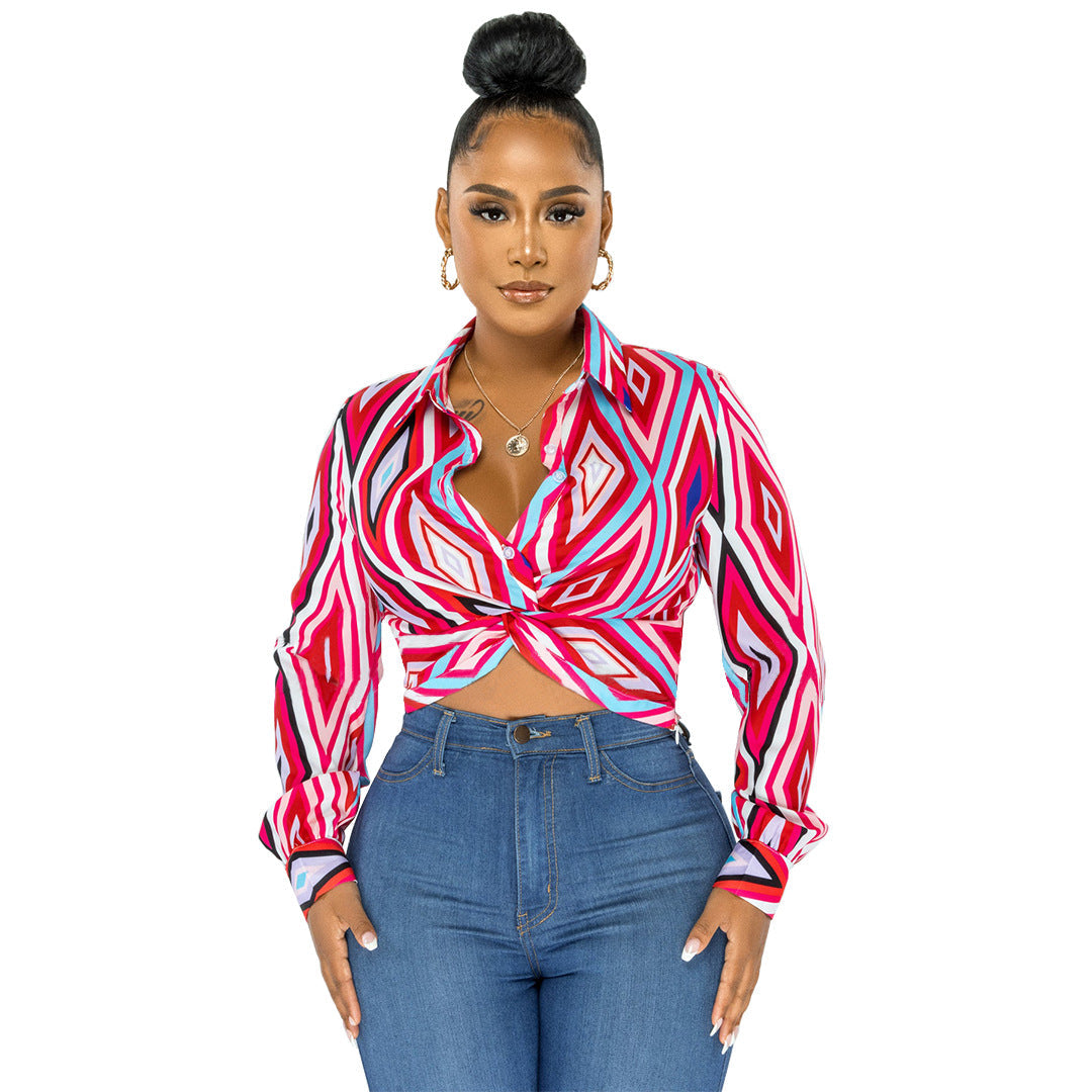 Women Clothing Geometry Pattern Printed Twist Button Shirt Top