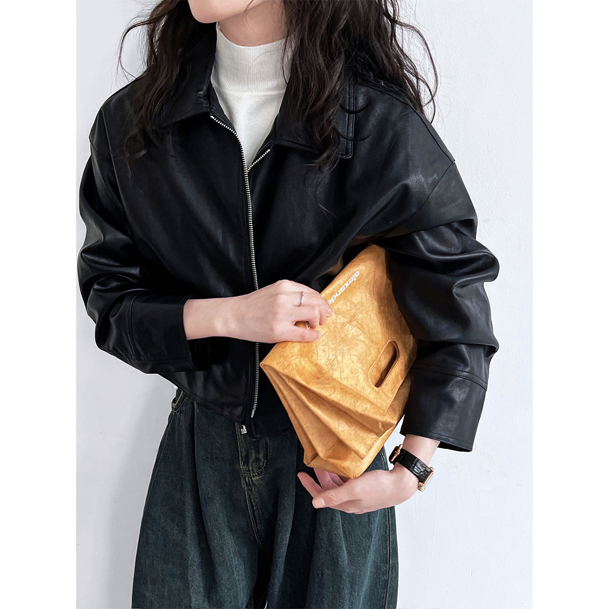 Cool Handsome High Grade Collared Leather Coat Women’s Spring Autumn Hong Kong Faux Leather Jacket Motorcycle Top Trendy