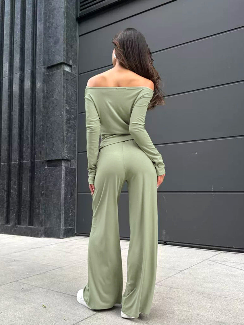 Strapless Ruched Slim Long Sleeve Top Wide Leg Pants Set