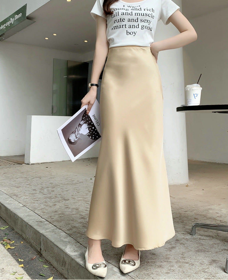 High End Draping Acetate Satin Fishtail Skirt – Women’s Summer Mid Length High Waist Slimming Hip Skirt