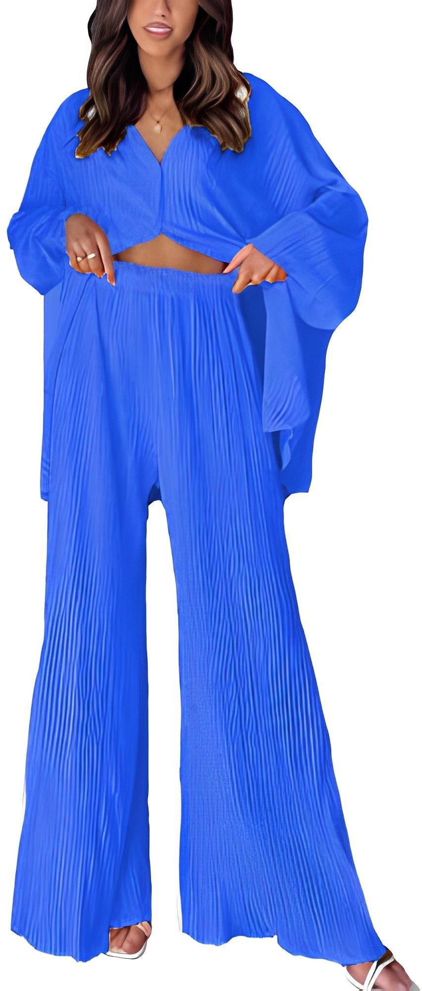 Spring Summer Women Solid Color Pleated Single Breasted Top High Waist Wide Leg Bell Bottoms Homewear Suit