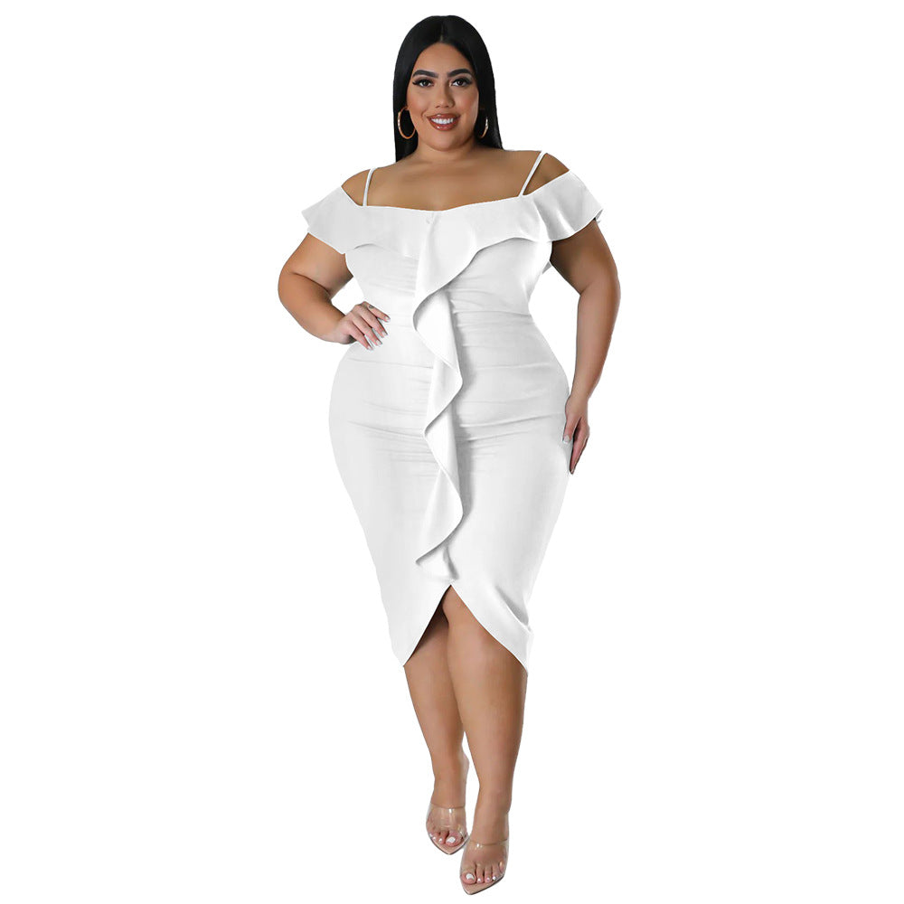 Plus Size Women Sweet Solid Color Dress off Neck Midi Dress