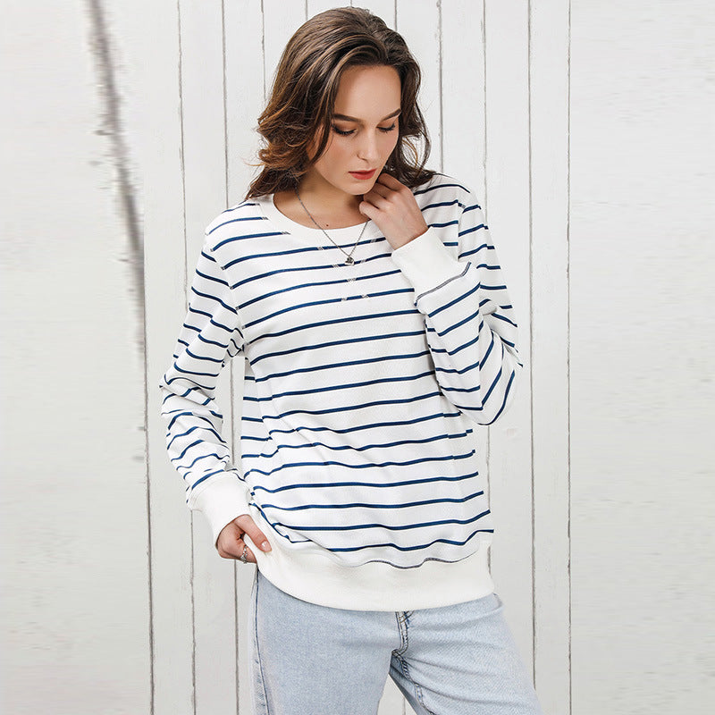 Early Autumn Striped Long Sleeved Top – Women’s Casual Loose Fitting Pullover