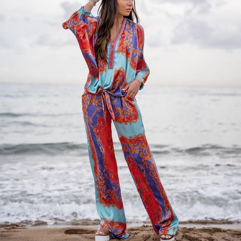 Spring Summer Women Clothing Bohemian Printed Long Sleeved Top Casual Straight Pants Suit