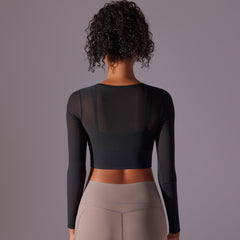 Sexy Mesh Yoga Clothes Long Sleeve Chest Pad Running Sports Bra Top