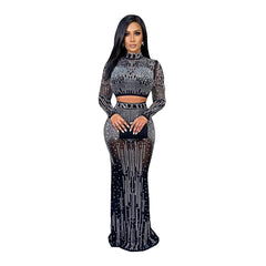 Women Ball Gown Evening Dress Elegant Sexy Rhinestone Skirt Set Women