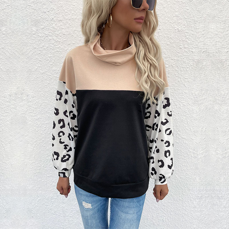 Autumn Winter Casual Top Leopard Print Color Matching Turtleneck Bottoming  Women Sweater