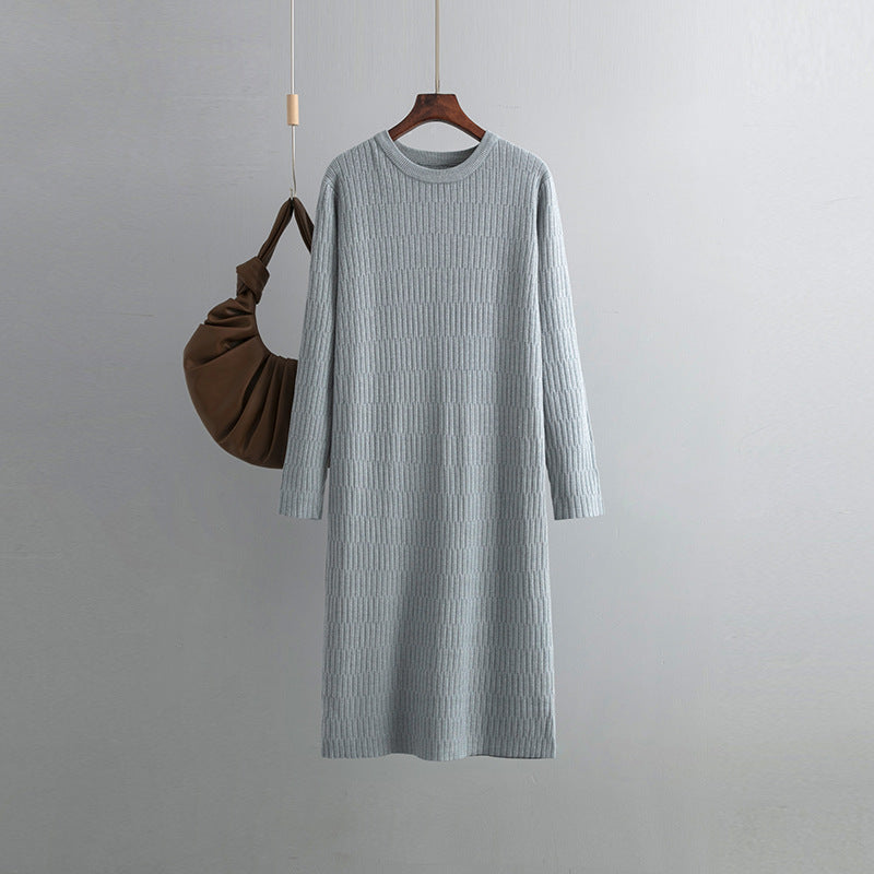 Women Long Sleeved Knitted Dress Autumn Winter Round Neck Loose Mid Length Sweater Match with Coat Bottoming