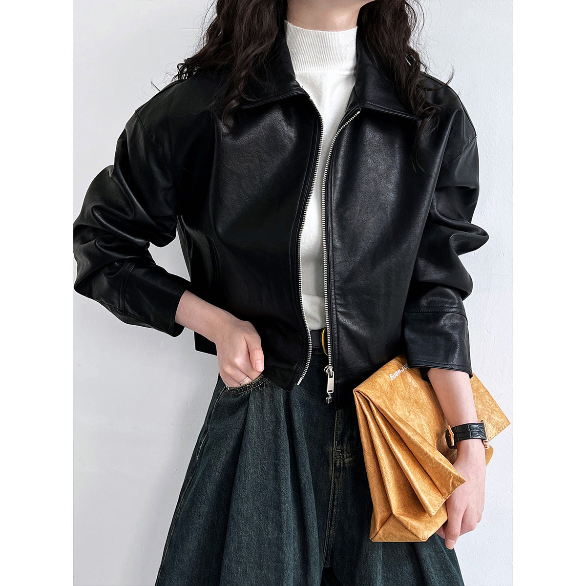 Cool Handsome High Grade Collared Leather Coat Women’s Spring Autumn Hong Kong Faux Leather Jacket Motorcycle Top Trendy