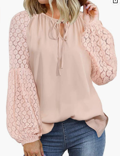 Women Clothing Round Neck Long Sleeve Lace Stitching Lace Loose T Shirt