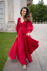 Fall Women  Clothing Dress Sexy Chiffon Long Sleeve Red Dress Long Dress