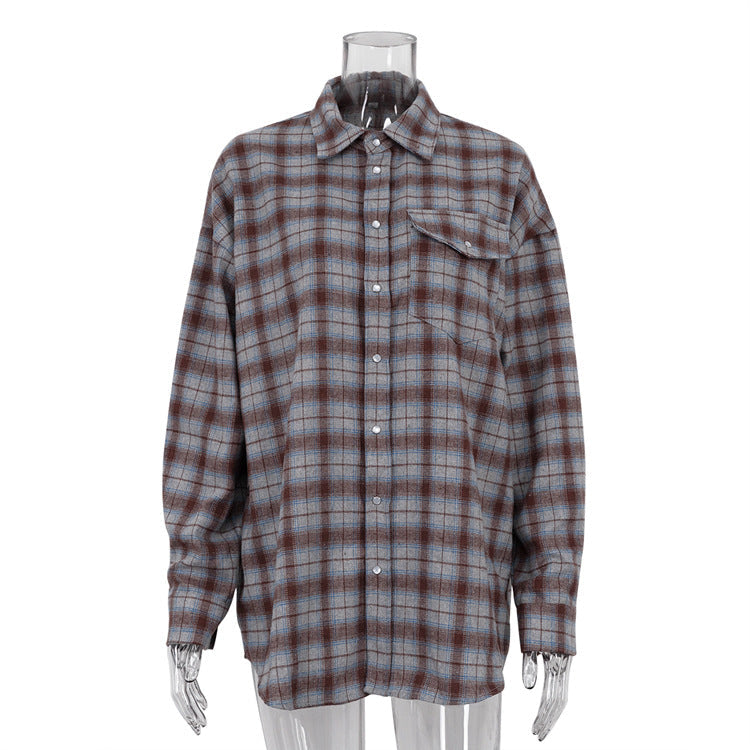 Street Retro Collared Long Sleeve Plaid Shirt Autumn Loose Plaid Cardigan Shirt