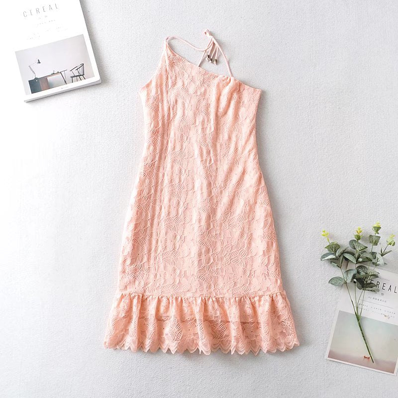 Summer Pink Lace Ruffled Shoulder Collar Midi Dress for Women