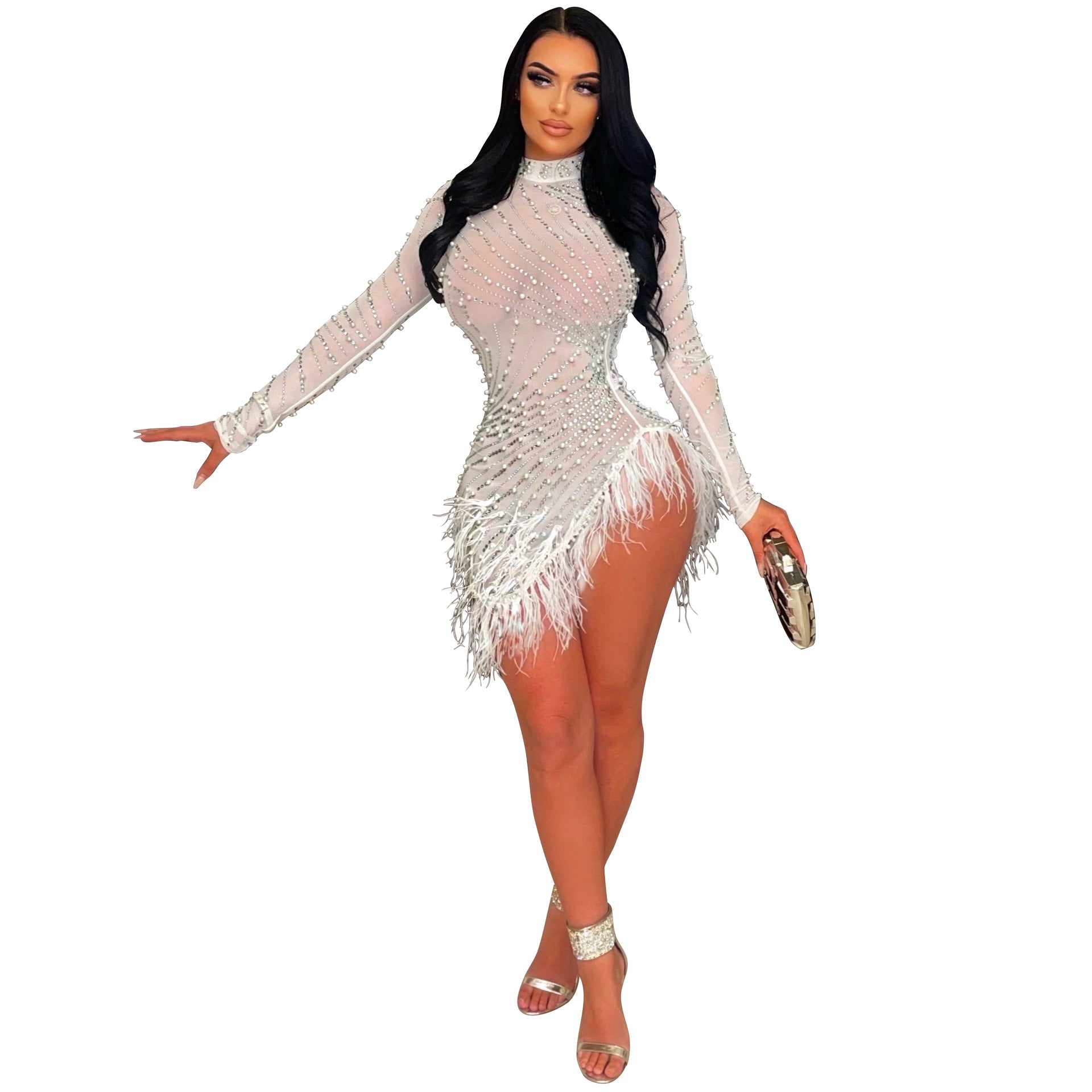 Women Clothing Rhinestone Dress Sexy Cutout Tight Dress Mesh Woolen Dress