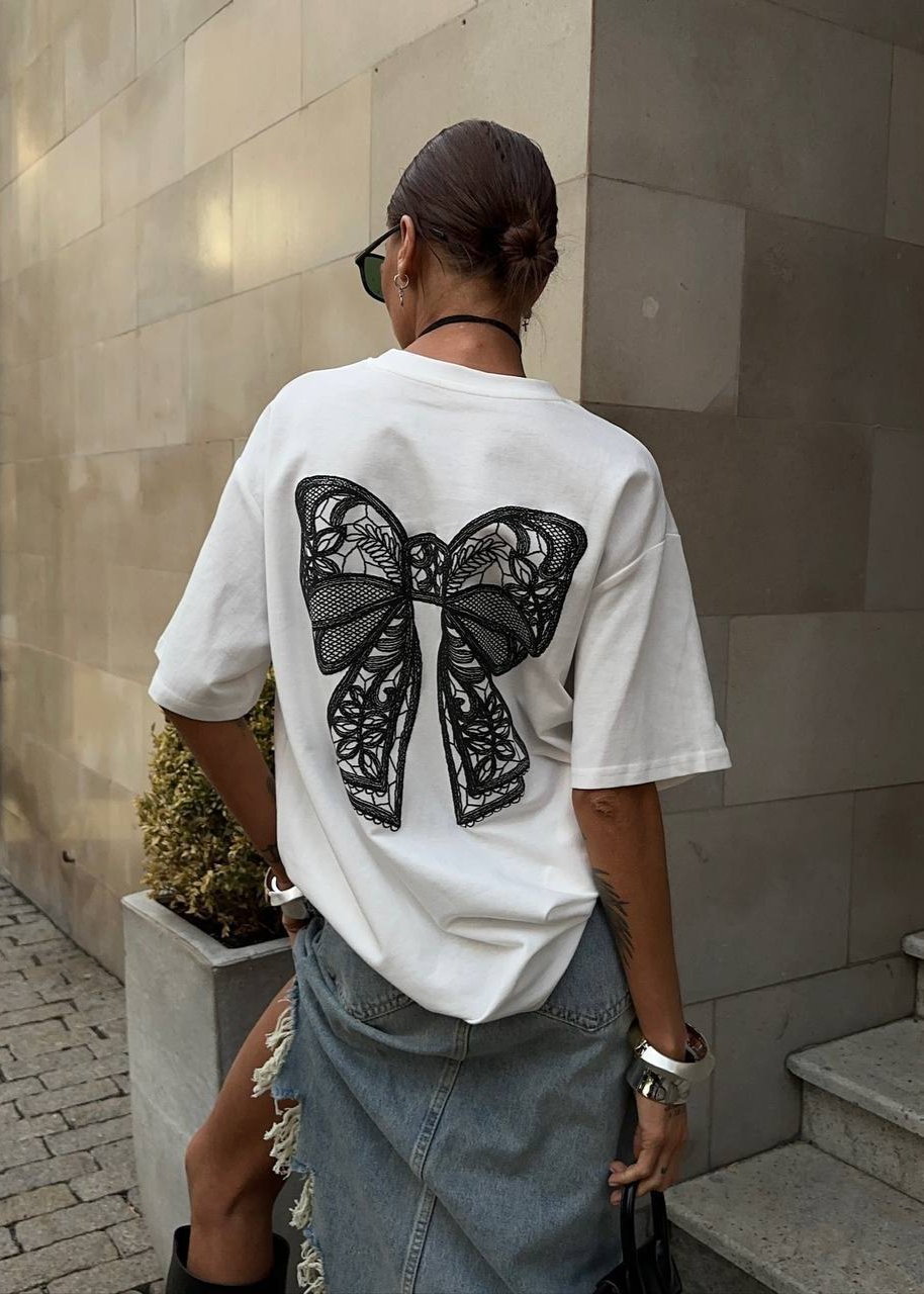 Lace Bow Embellished Oversized T-Shirt