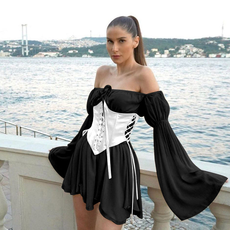 Chic Chiffon Off Shoulder Women’s Dress with Irregular Asymmetric Waist Set – Perfect for Office Skirt