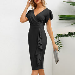 Business Dress Summer Women Clothing V Neck Flounce Slim Dress