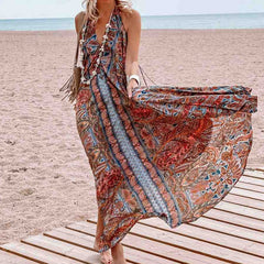 Women Clothing Spring Summer Arrival Printing V-neck Halter Bohemian Maxi Dress