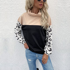 Autumn Winter Casual Top Leopard Print Color Matching Turtleneck Bottoming  Women Sweater