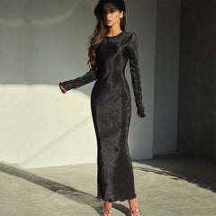 Crumpled Long Tight Dress Women Autumn Solid Color Round Neck Long Sleeve Dress – Stylish and Comfortable Option for Fall Fashion