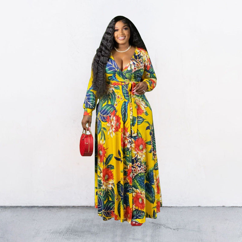 Plus Size Summer Floral Leaf Print Loose Dress with Belt – Stylish and Flattering for Curvy Women