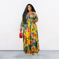 Plus Size Summer Floral Leaf Print Loose Dress with Belt – Stylish and Flattering for Curvy Women