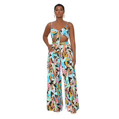 Summer Printed Sexy Strap Tube Top Cropped Women Clothing Casual Wide Leg Pants Suit