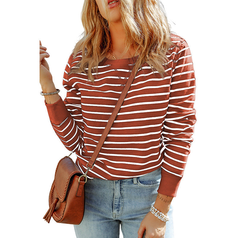 Early Autumn Striped Long Sleeved Top – Women’s Casual Loose Fitting Pullover