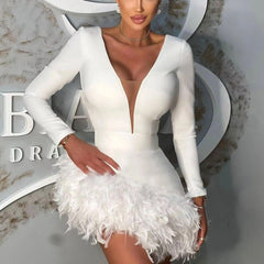 Spring Summer Women Clothing Sexy Deep V Plunge Sheath Feather Stitching Party Dress