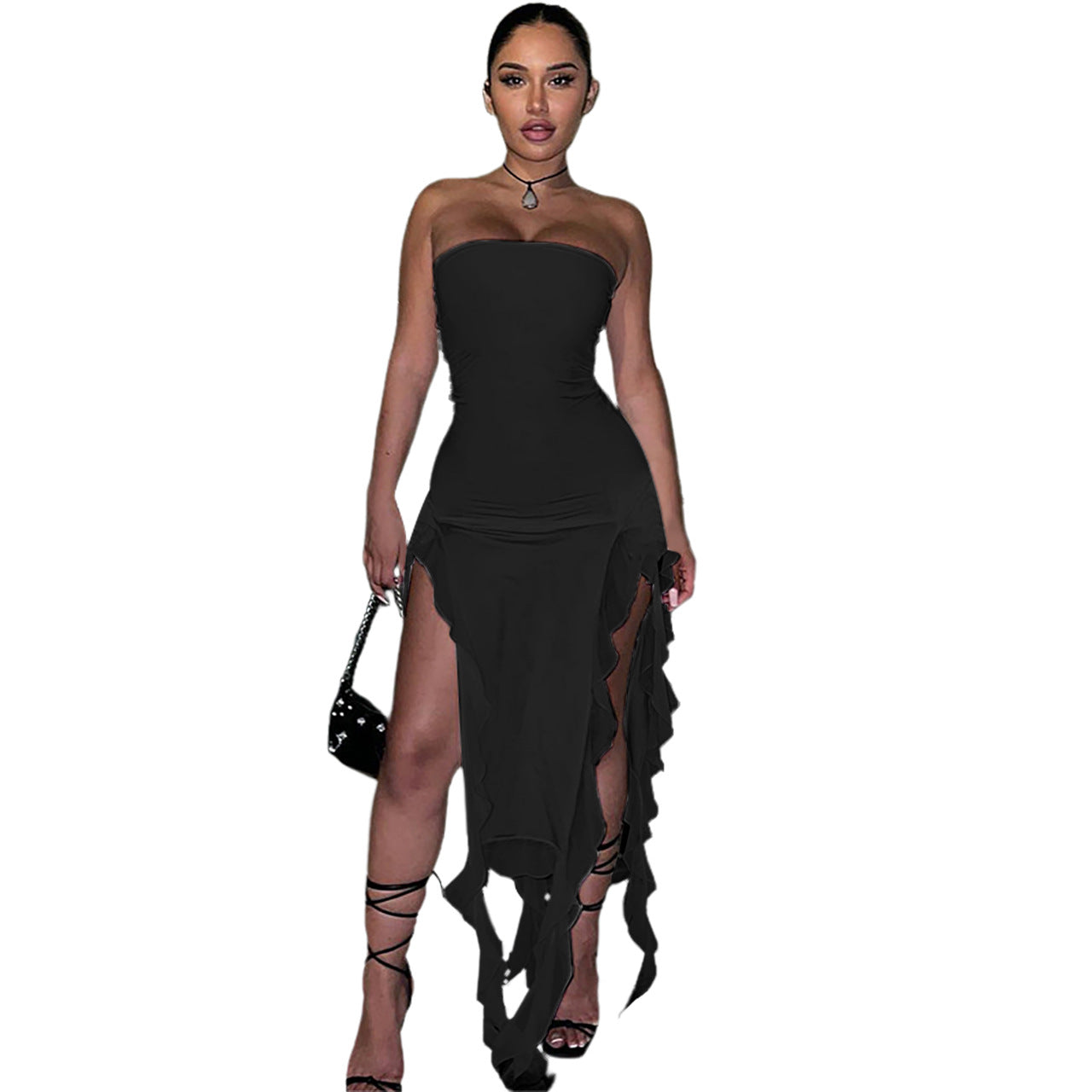 Women’s Elegant Mesh Patchwork Ruffled Slit Dress – Wrapped Chest Design