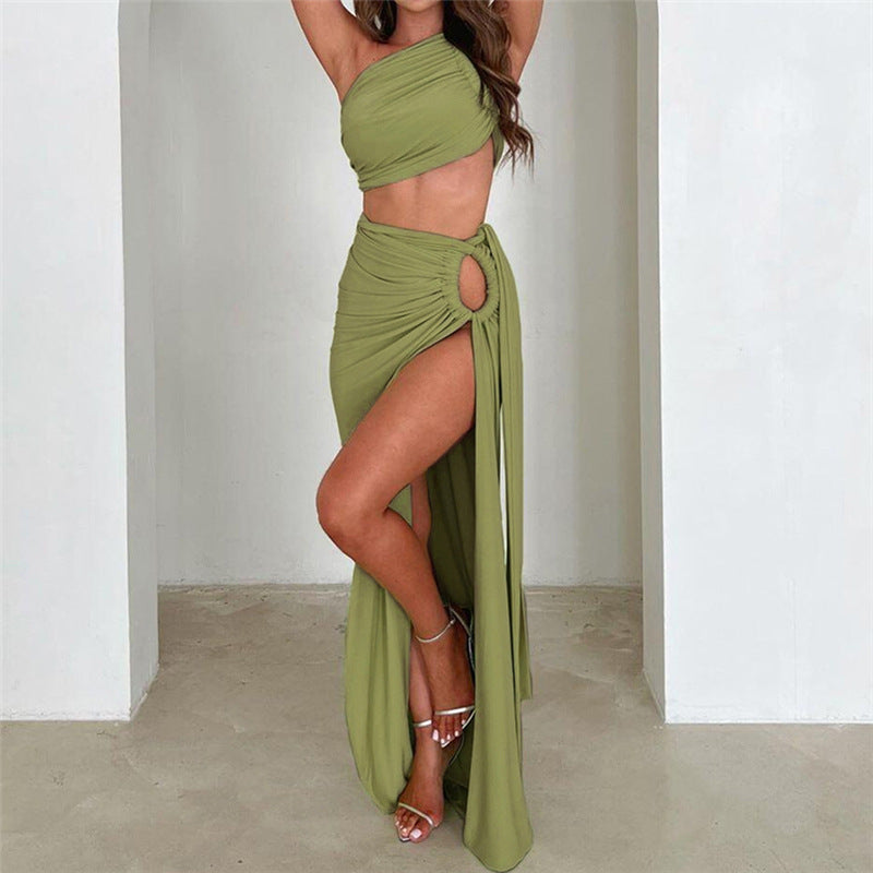 Autumn Winter Women Clothing Sexy Oblique Shoulder Backless Vest Slim Fit Slit Skirt Set Women