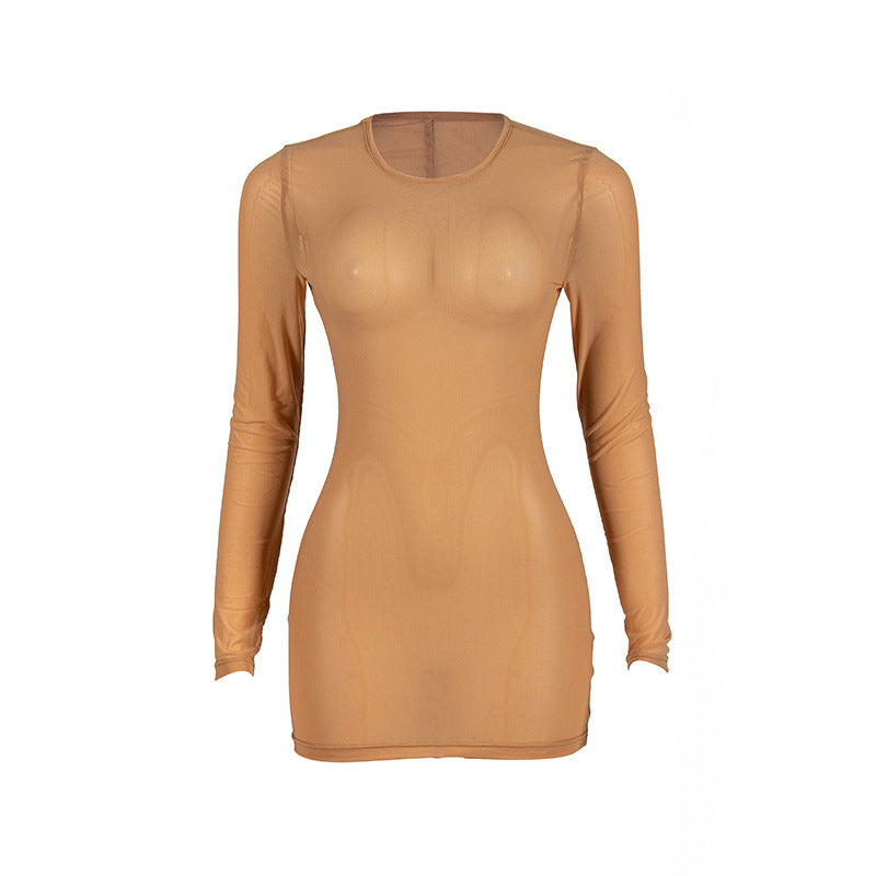 Autumn Solid Color Round Neck Long Sleeve Mesh Sexy Narrow Dress