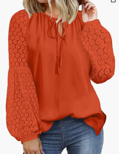 Women Clothing Round Neck Long Sleeve Lace Stitching Lace Loose T Shirt