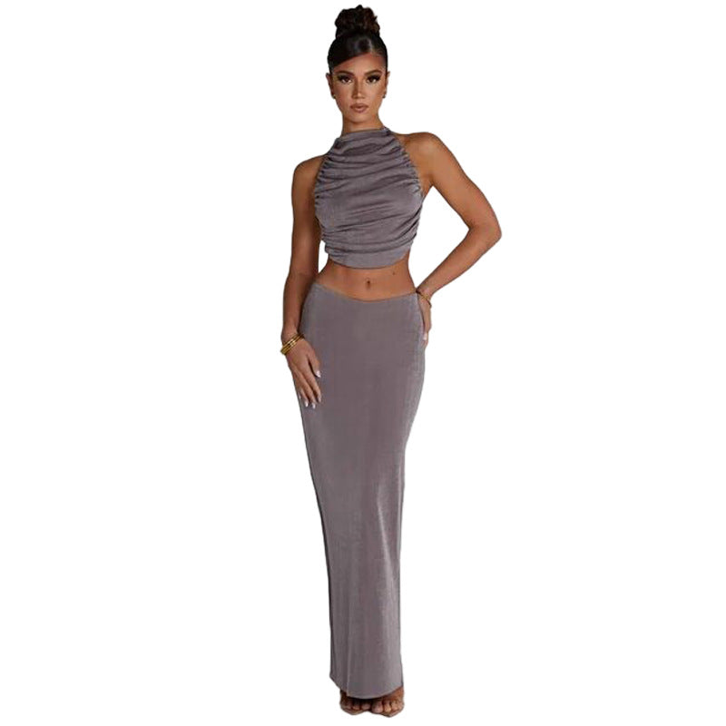 Fall Women Clothing Halter Sexy Backless Vest Slim Fit Sheath Skirt Set Women