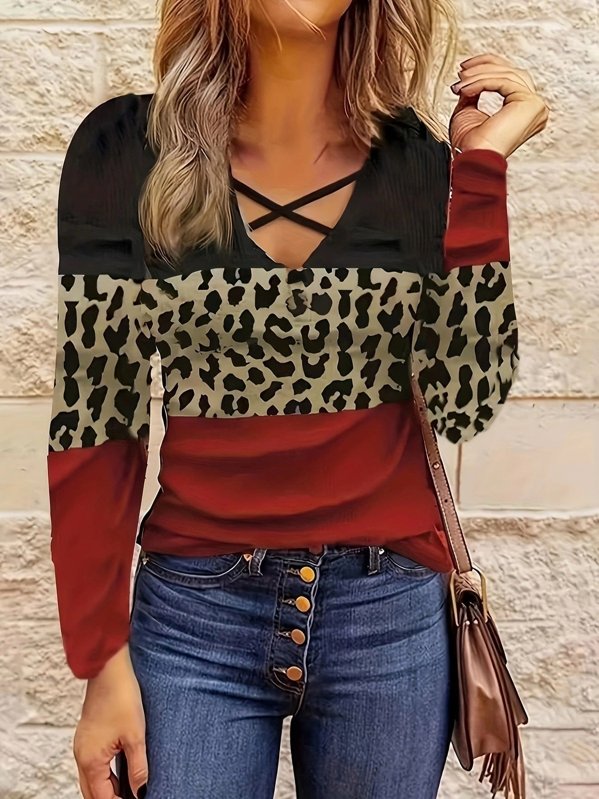 Summer Women Clothing Personality Leopard Splicing V Neck Top Ladies