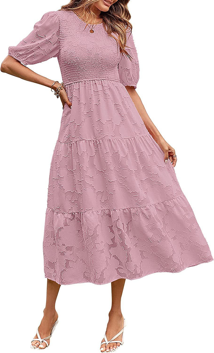 Summer Women Clothing Round Neck Pleated Puff Sleeve Layered Floral Dress