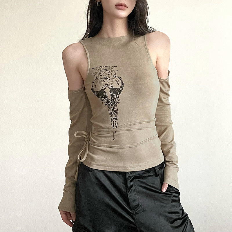 Trendy Abstract Printing Shoulder Digging Long Sleeved T shirt Autumn Sexy Knitted Fitted Waist Lace up All Matching Top