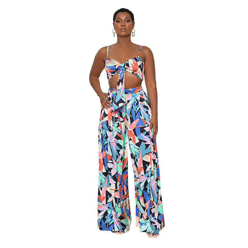 Summer Printed Sexy Strap Tube Top Cropped Women Clothing Casual Wide Leg Pants Suit