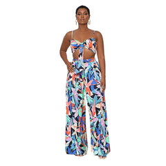 Summer Printed Sexy Strap Tube Top Cropped Women Clothing Casual Wide Leg Pants Suit