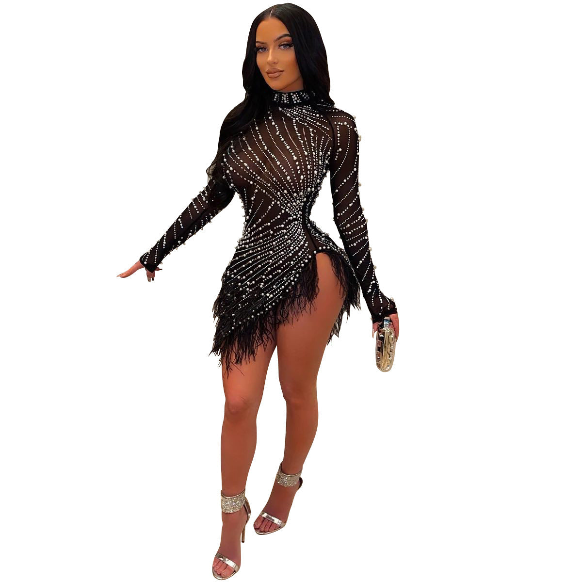 Women Clothing Rhinestone Dress Sexy Cutout Tight Dress Mesh Woolen Dress