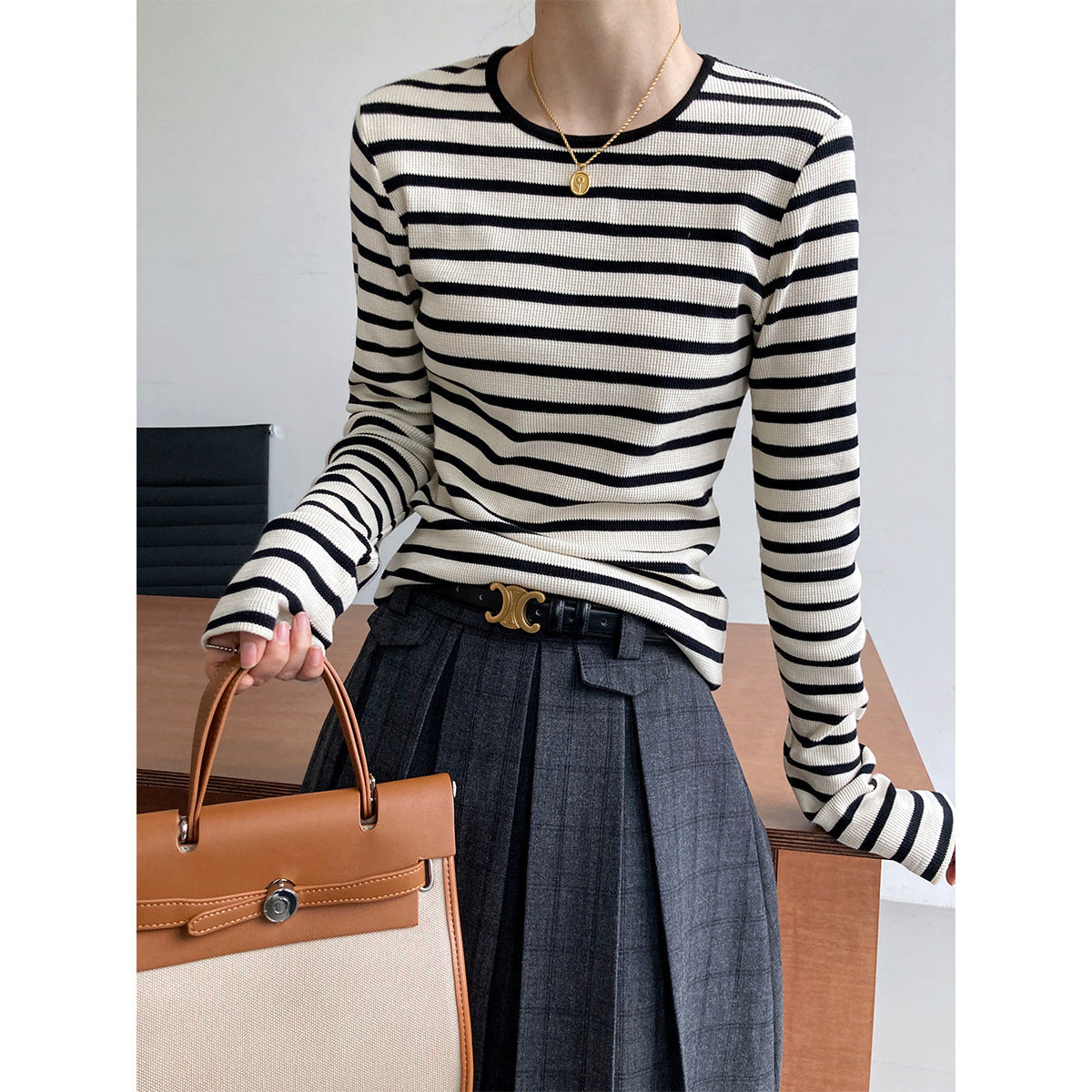 Spring Striped Long Sleeved shirt Women Slim Fit Slimming Inner Bottoming Shirt Top