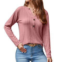 Autumn Women Clothing Casual V neck Button Twist Knit T shirt Long Sleeve Top