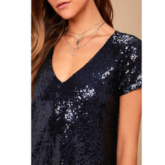 V Neck Short Sleeve Beaded Dress Women Party Sequin Casual Dress