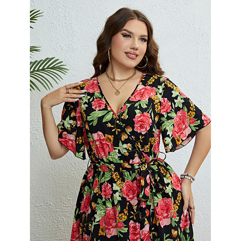 Popular Summer Rose V Neck Waist Controlled Slimming Dress