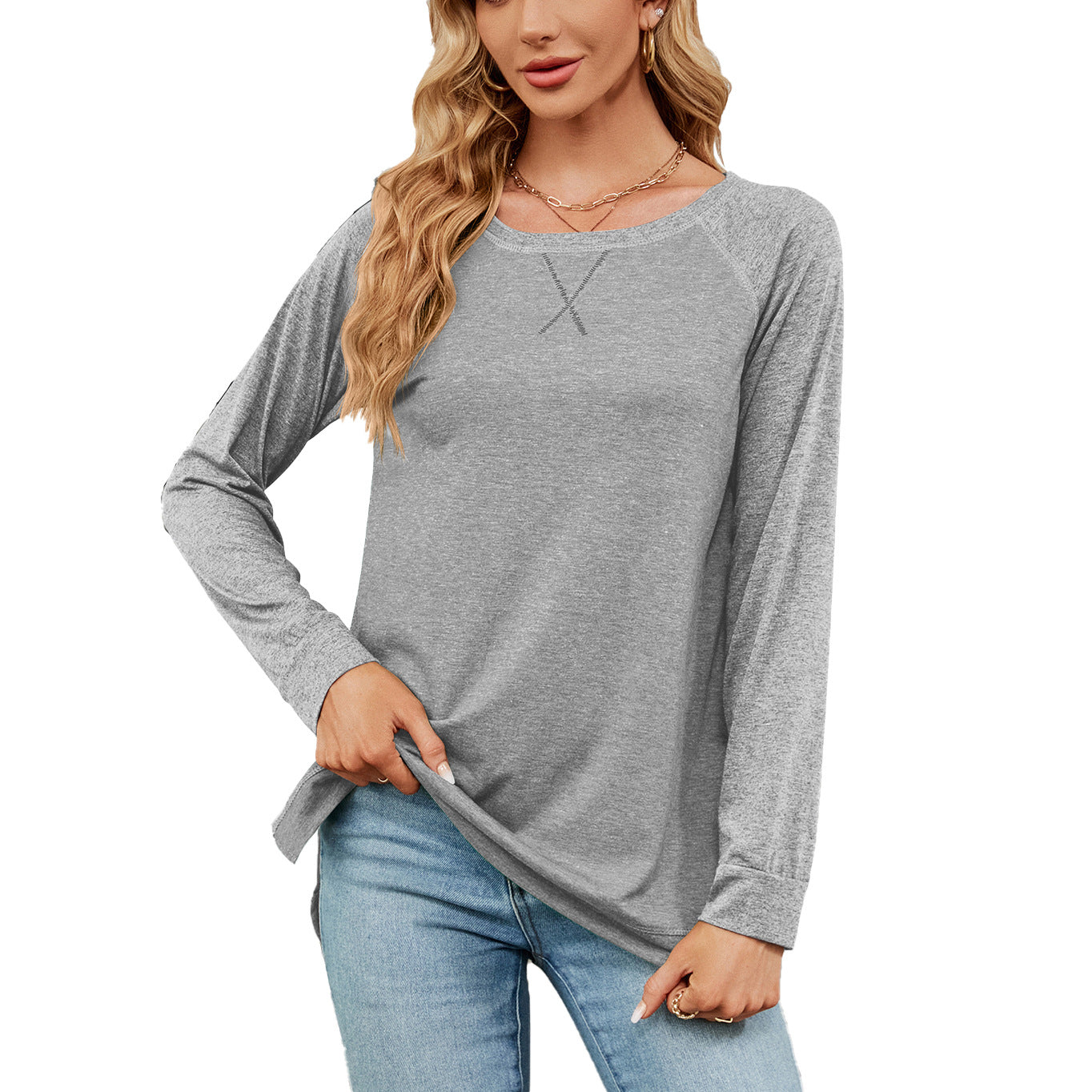 Autumn Winter round Neck Contrast Color Loose Long-Sleeved T-shirt Split Top Women