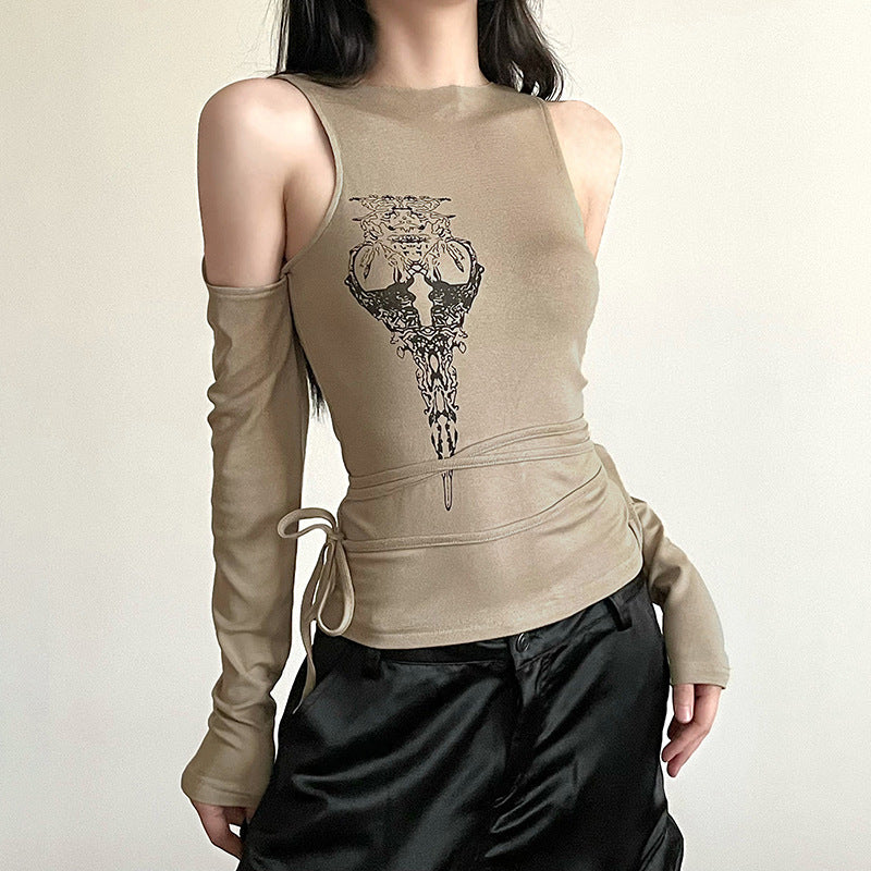 Trendy Abstract Printing Shoulder Digging Long Sleeved T shirt Autumn Sexy Knitted Fitted Waist Lace up All Matching Top