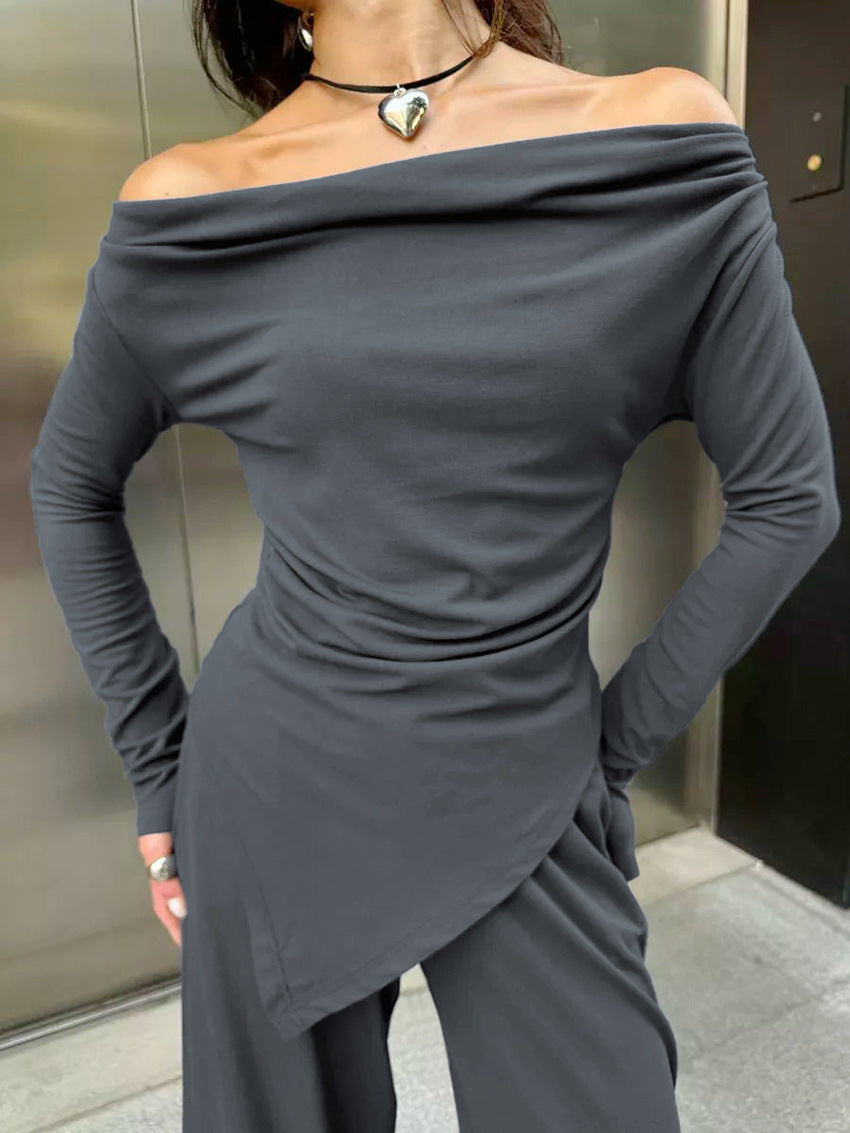 Strapless Ruched Slim Long Sleeve Top Wide Leg Pants Set