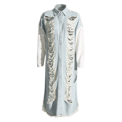 Elegant Street Denim Jacket Autumn Winter Polo Collar Stitching Ripped Hollow Out Cutout out Mid Length Jacket