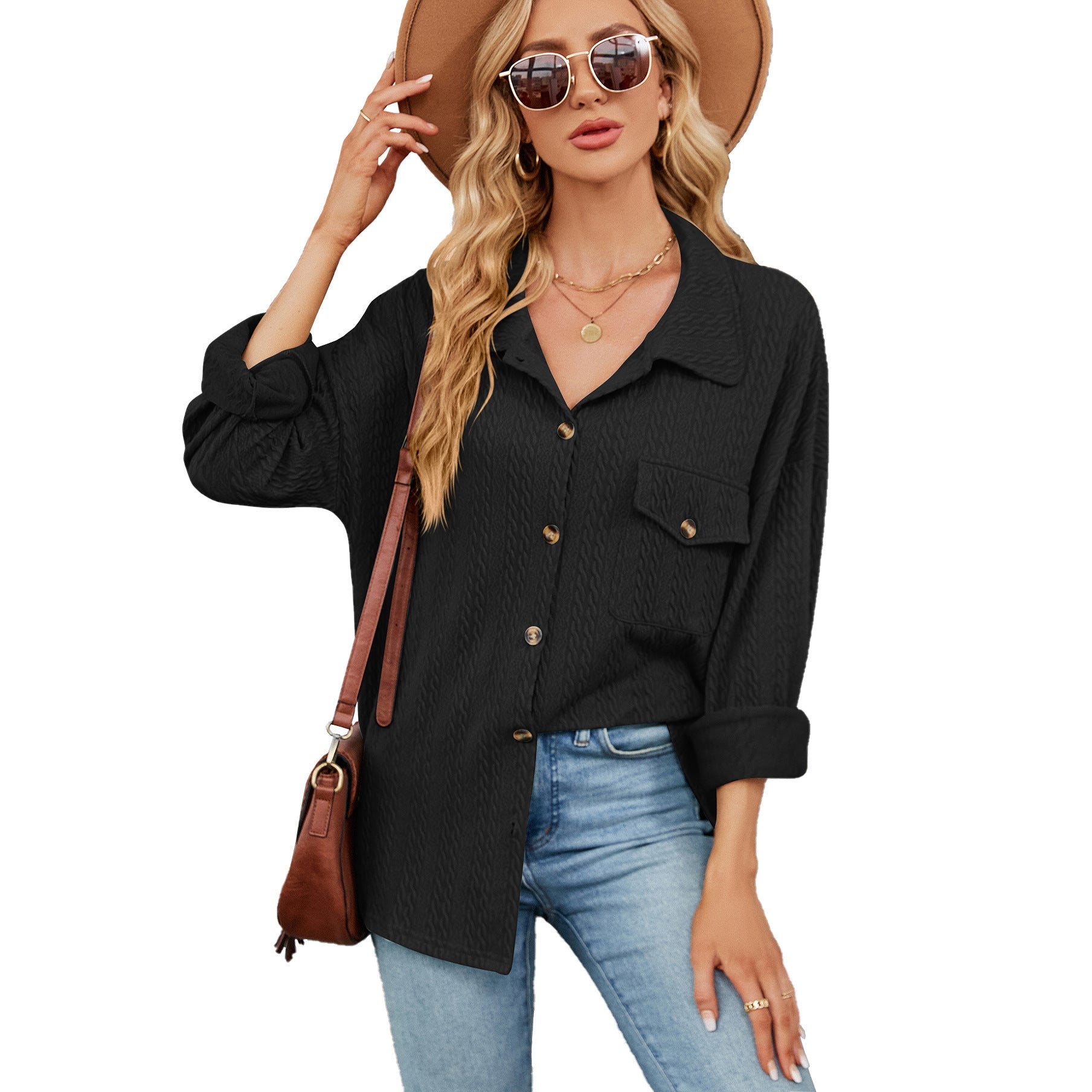 Solid Color Polo Collar Button Pocket Long Sleeve Loose Fitting Coat Top Women