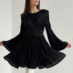 Spring Fitted Waist Flare Sleeve Pleated Sexy Dress A Line Dress